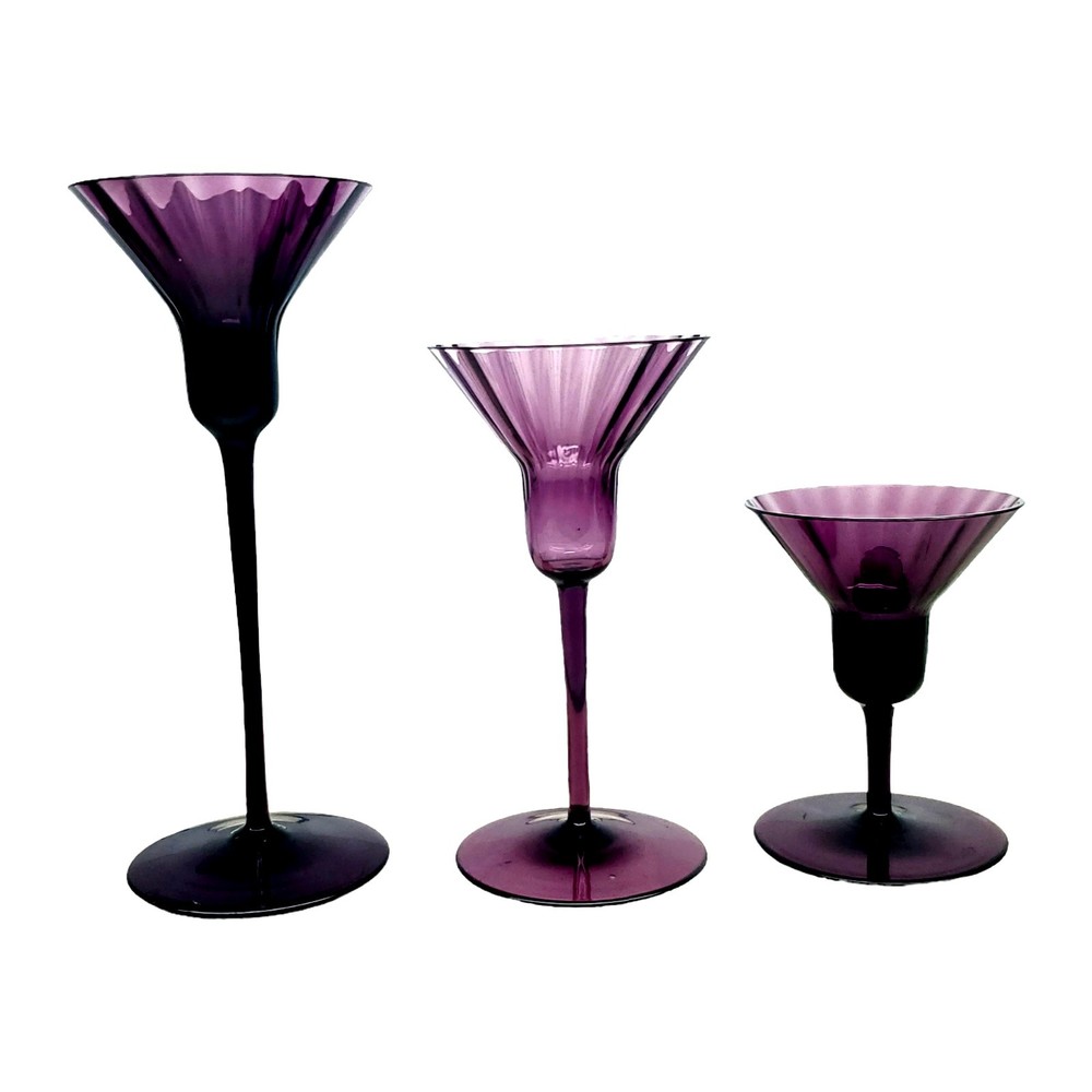 Set of 3 Amethyst Glass Ribbed Optic Stemmed Candle Holders Staggered Heights